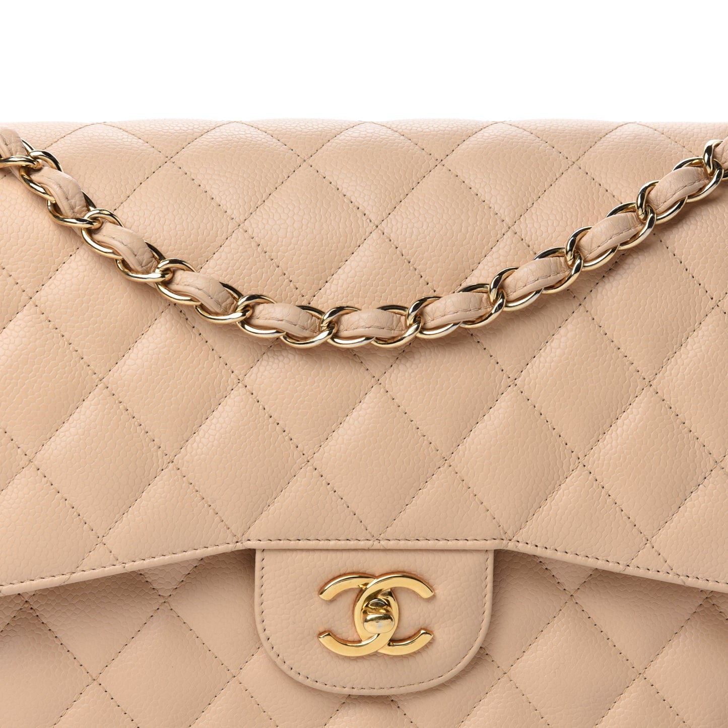 Caviar Quilted Jumbo Double Flap Beige Clair