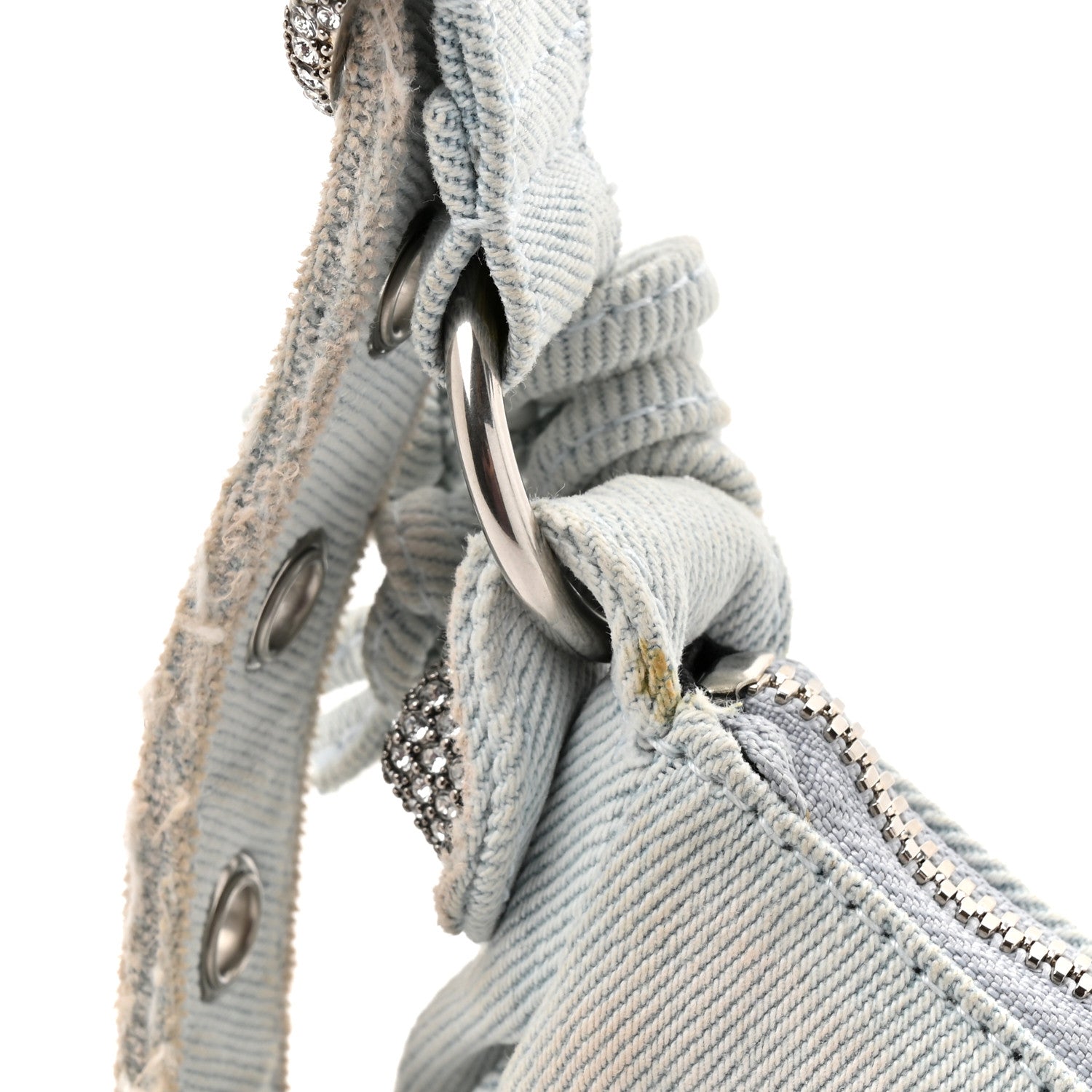Balenciaga Washed Frayed Denim Crystal XS Le Cagole Shoulder Bag Pale Blue 13 of 15