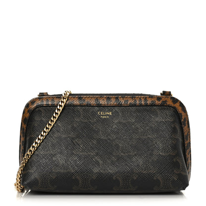 Celine Triomphe Canvas Calfskin Leopard Print Mini Clutch on Chain Black Tan 1 of 7