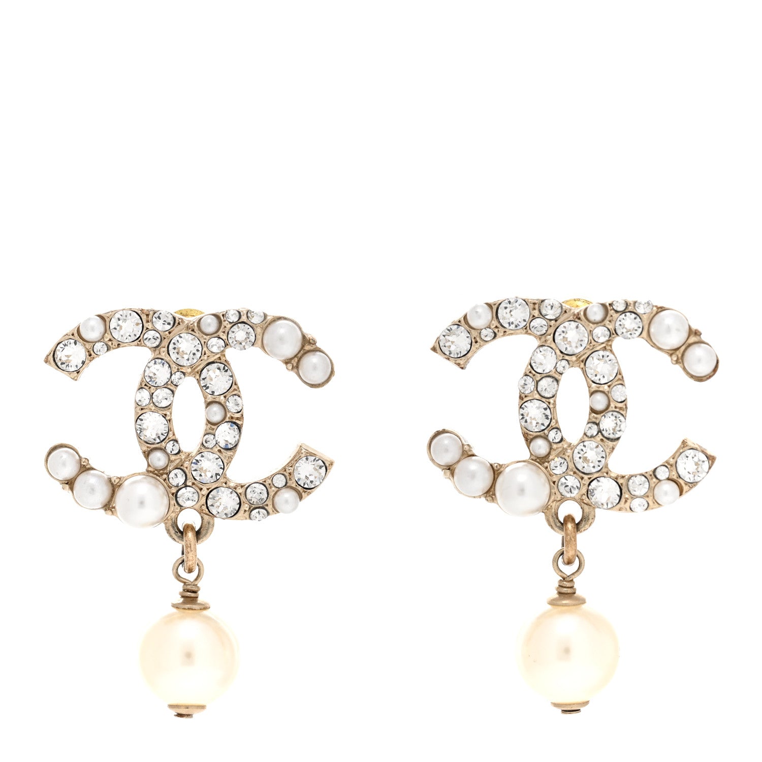 Chanel Crystal Pearl CC Drop Earrings Gold Pearly White 1 of 7