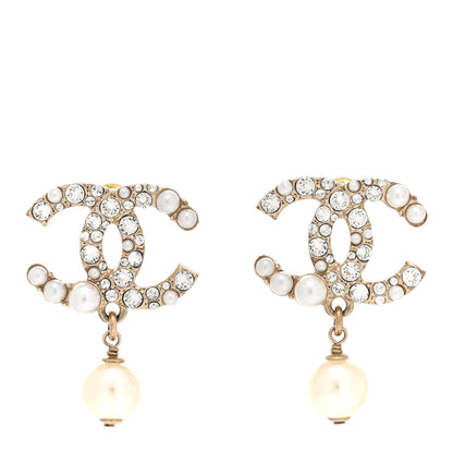 Chanel Crystal Pearl CC Drop Earrings Gold Pearly White 1 of 7