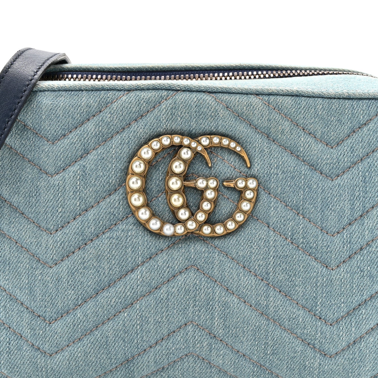 Gucci Denim Matelasse Small Pearly GG Marmont Chain Shoulder Bag Blue 8 of 10