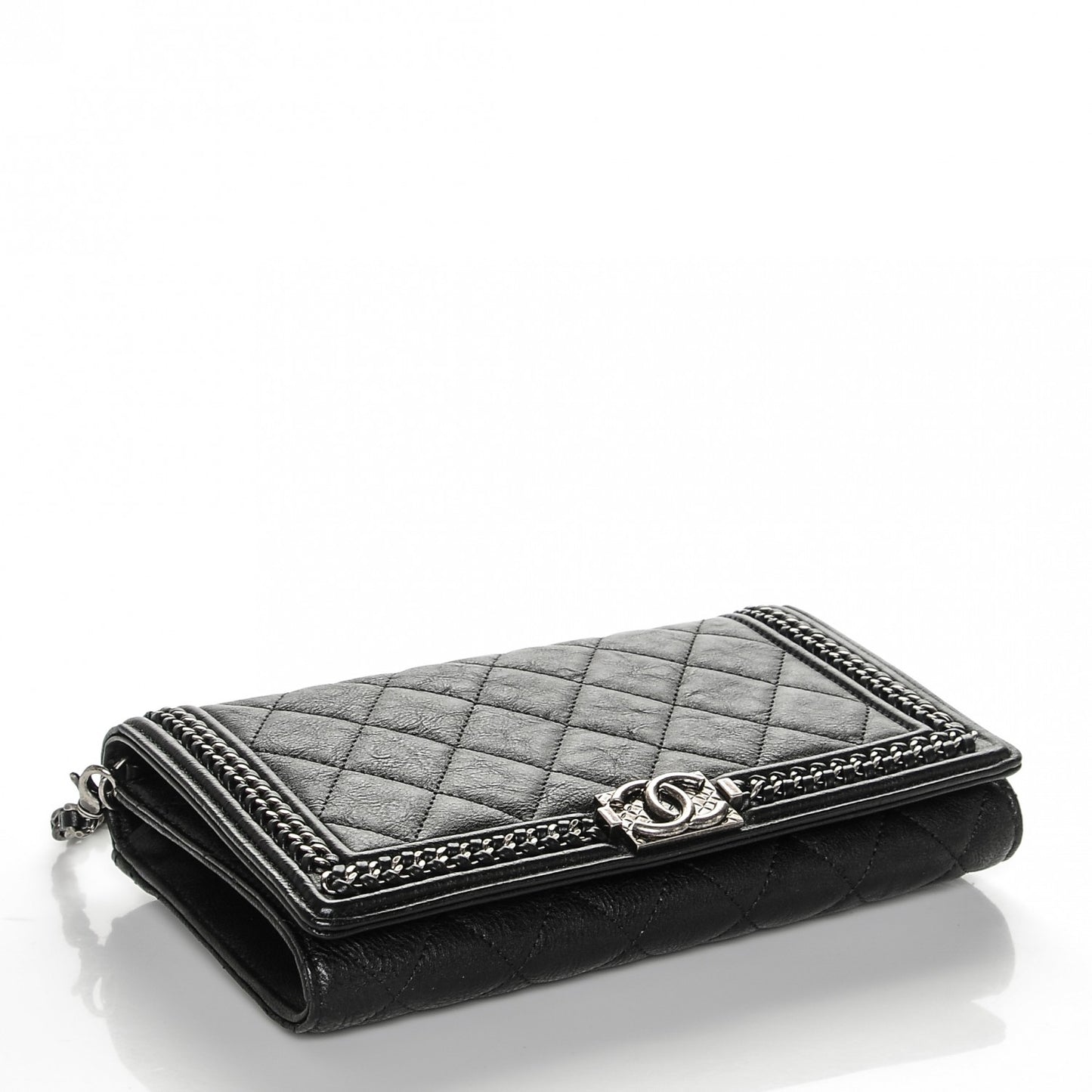 Calfskin Quilted Chain Around Boy Wallet On Removable Chain WOC Black
