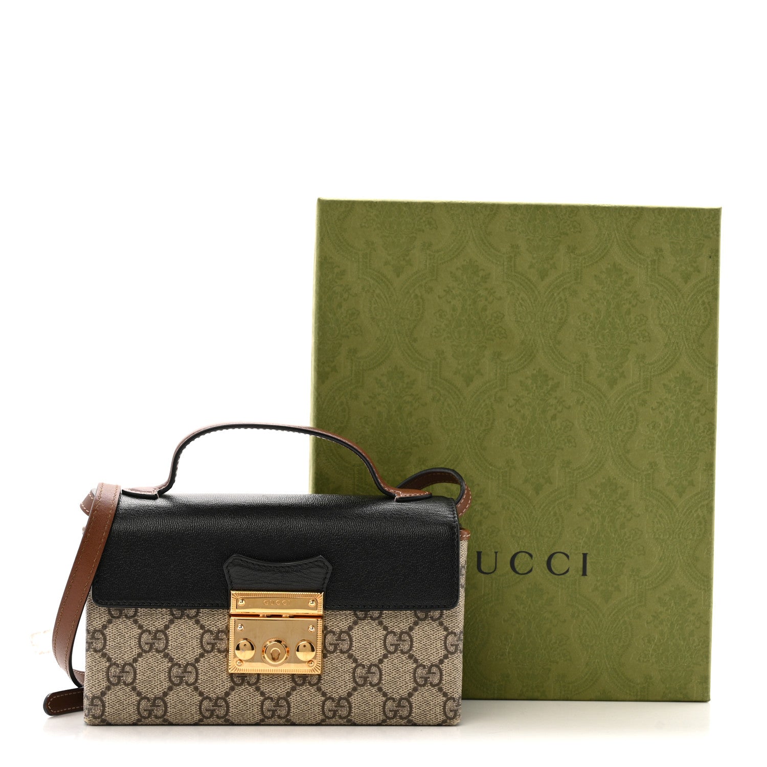 Gucci GG Supreme Monogram Calfskin Mini Padlock Top Handle Shoulder Bag Beige Black Cuir 13 of 13