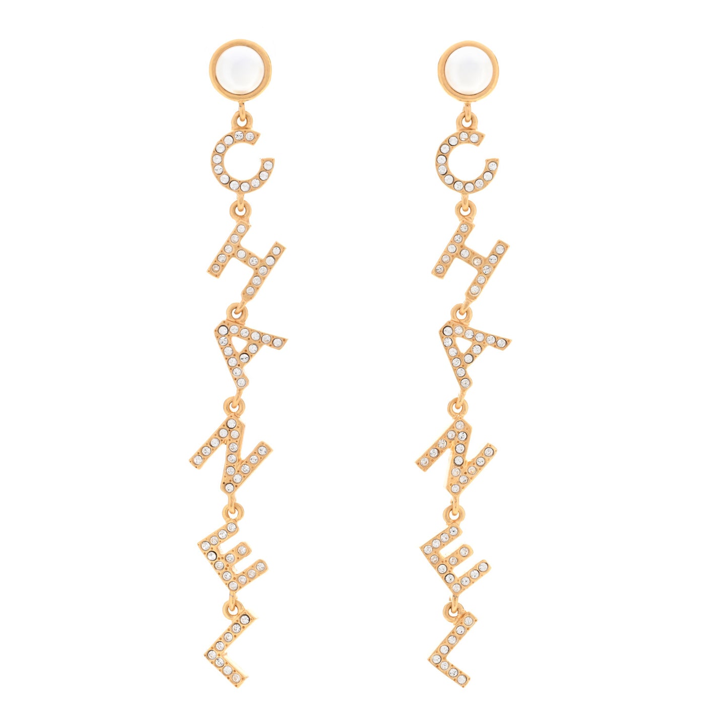 Crystal Pearl Logo Drop Earrings Gold