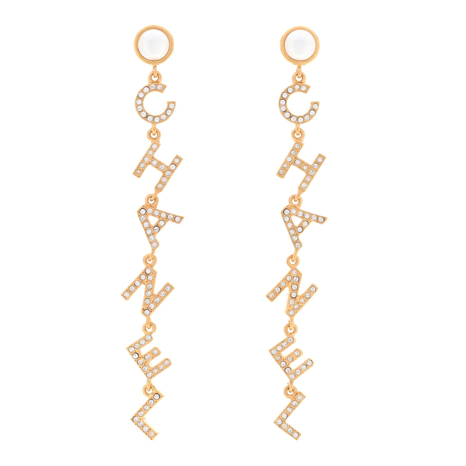 Chanel Crystal Pearl Logo Drop Earrings Gold 1 of 5