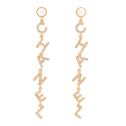 Chanel Crystal Pearl Logo Drop Earrings Gold 1 of 5