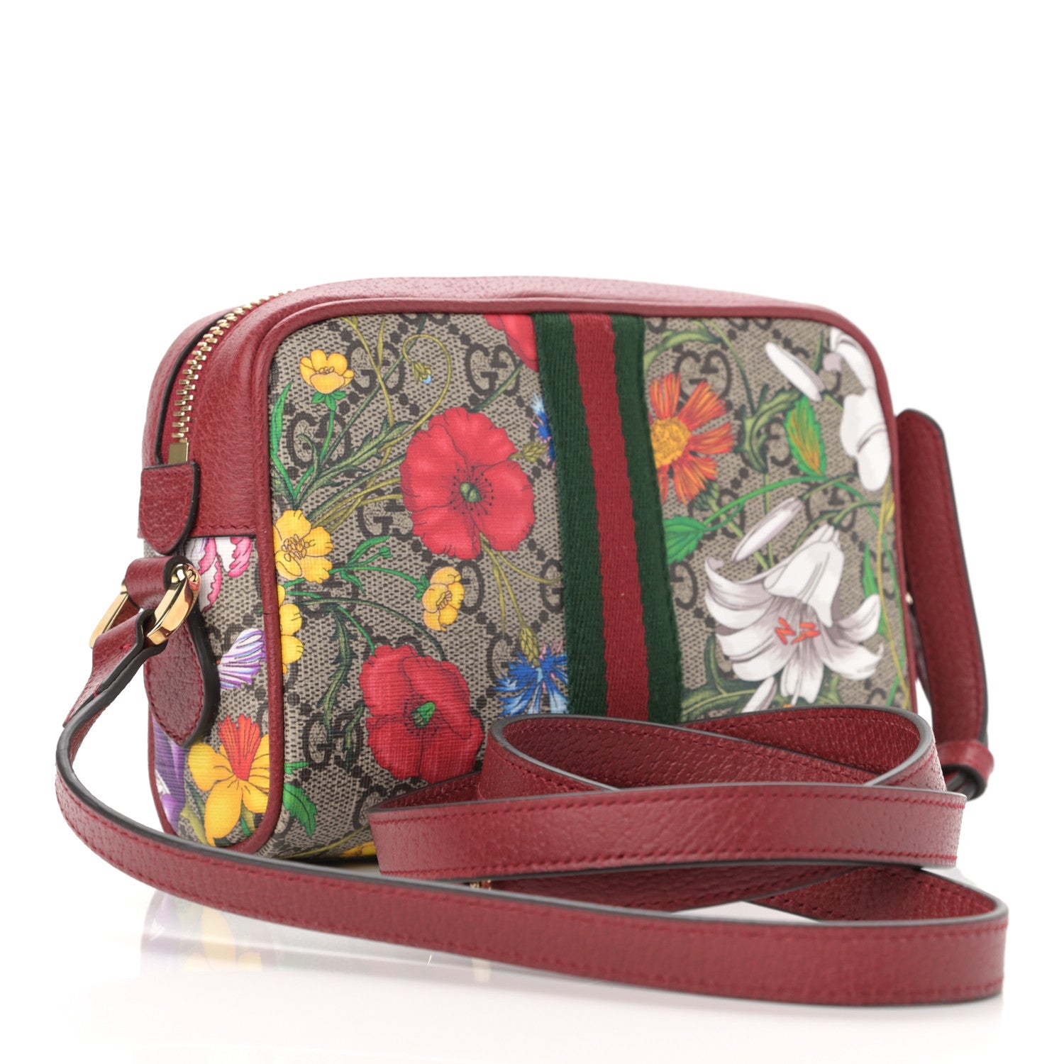 Gucci GG Supreme Monogram Flora Web Mini Ophidia Shoulder Bag Red 3 of 13