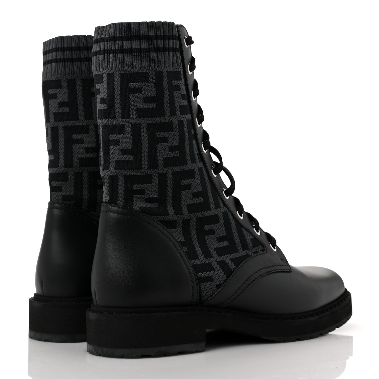 Fendi Calfskin Stretch Fabric FF Rockoko Biker Boots 40 Black Charcoal 4 of 8