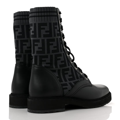 Fendi Calfskin Stretch Fabric FF Rockoko Biker Boots 40 Black Charcoal 4 of 8