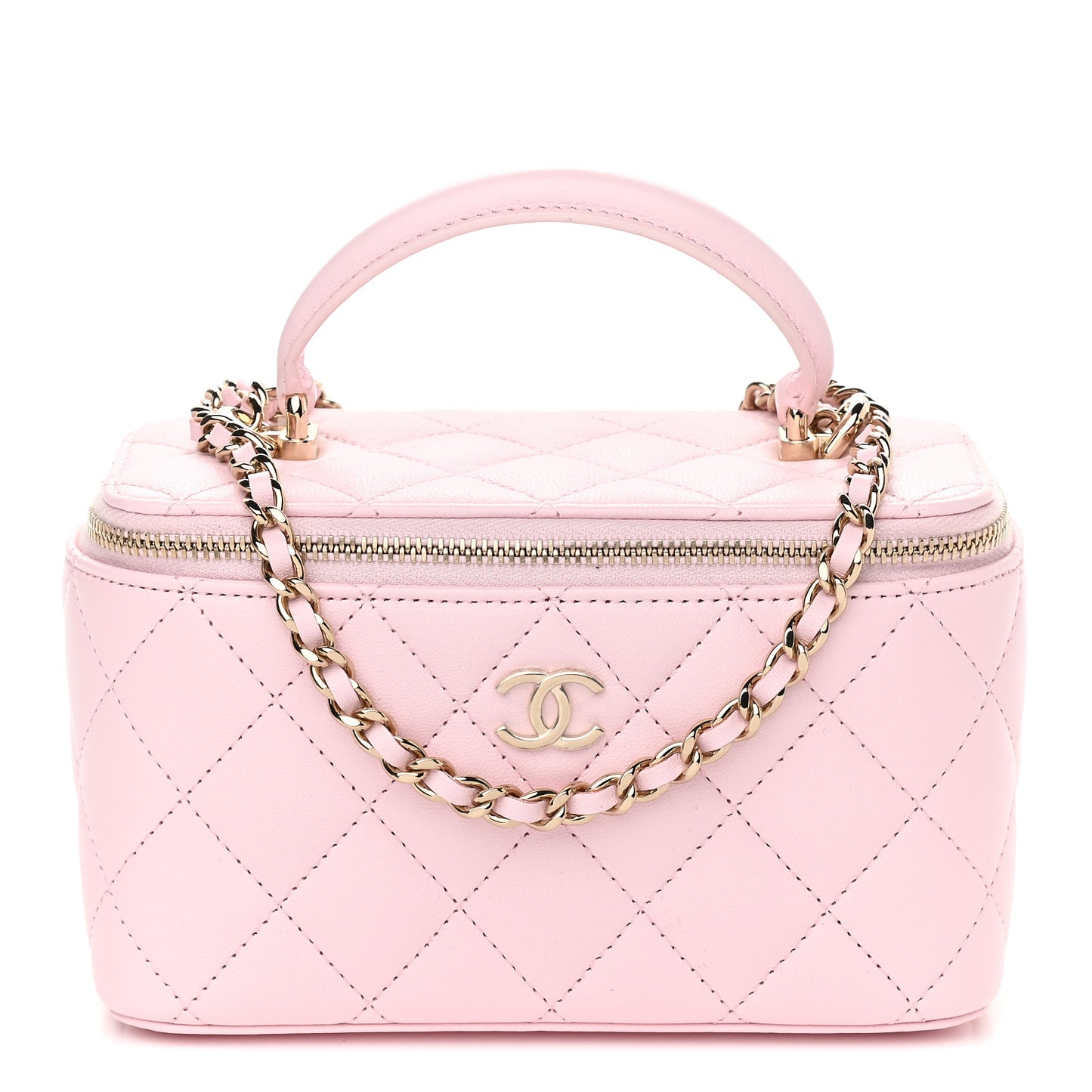Lambskin Quilted Small Top Handle Vanity Case With Chain Light Pink