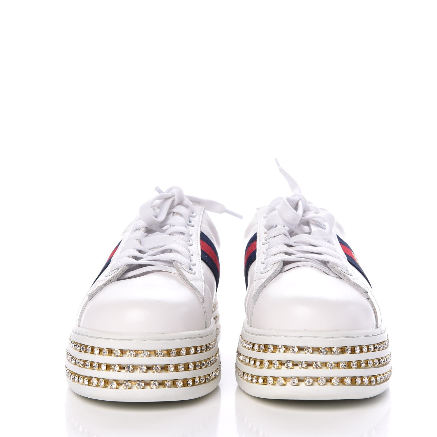 Gucci Calfskin Crystal Web Bee Embroidered Womens Ace Platform Sneakers 37 White 2 of 11