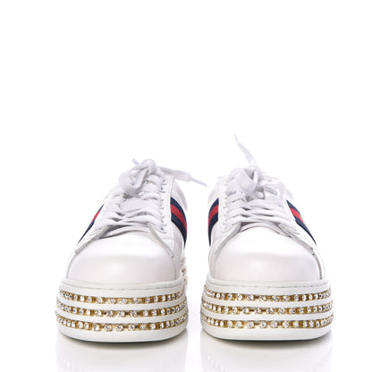Gucci Calfskin Crystal Web Bee Embroidered Womens Ace Platform Sneakers 37 White 2 of 11