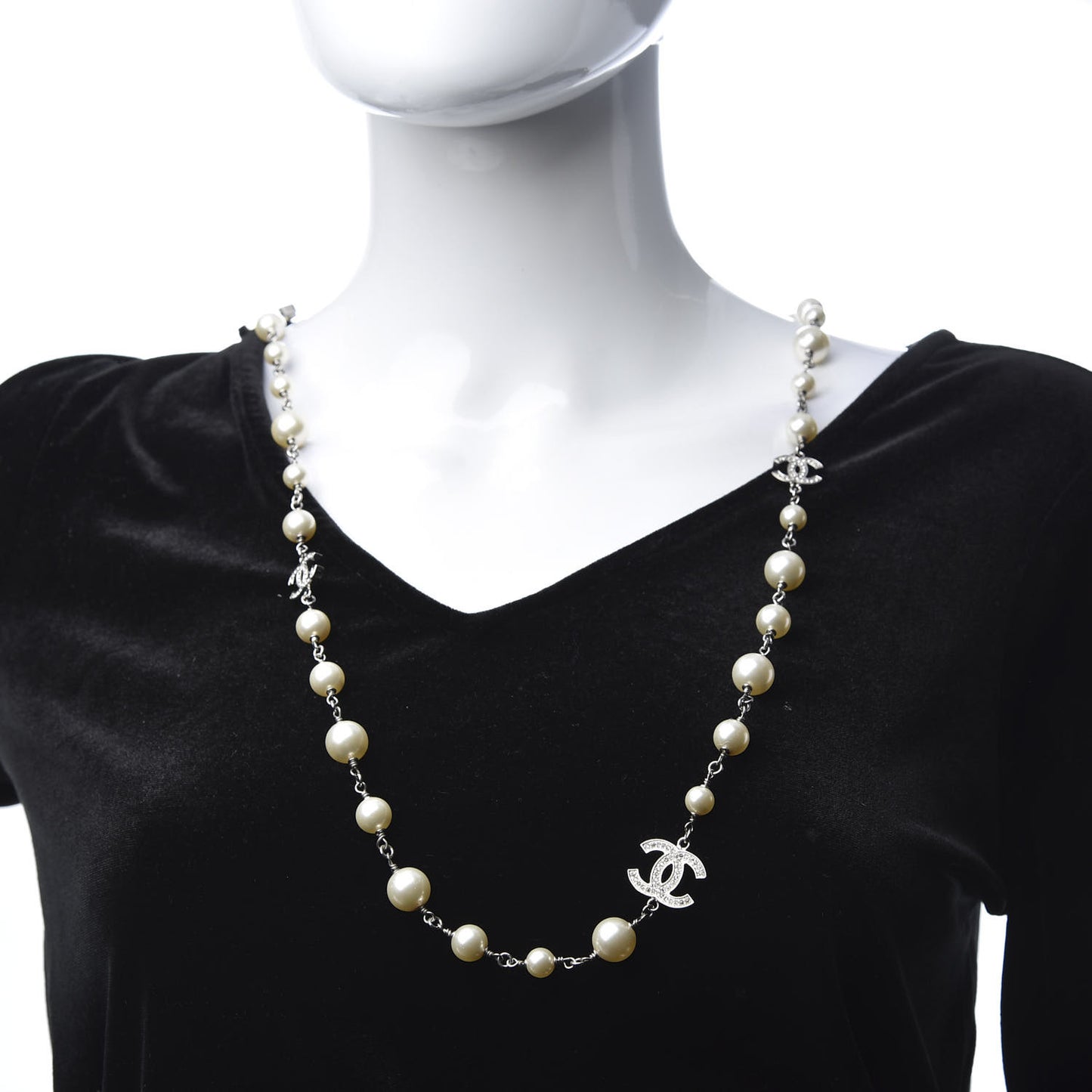 Graduated Pearl Crystal CC Long Necklace Silver