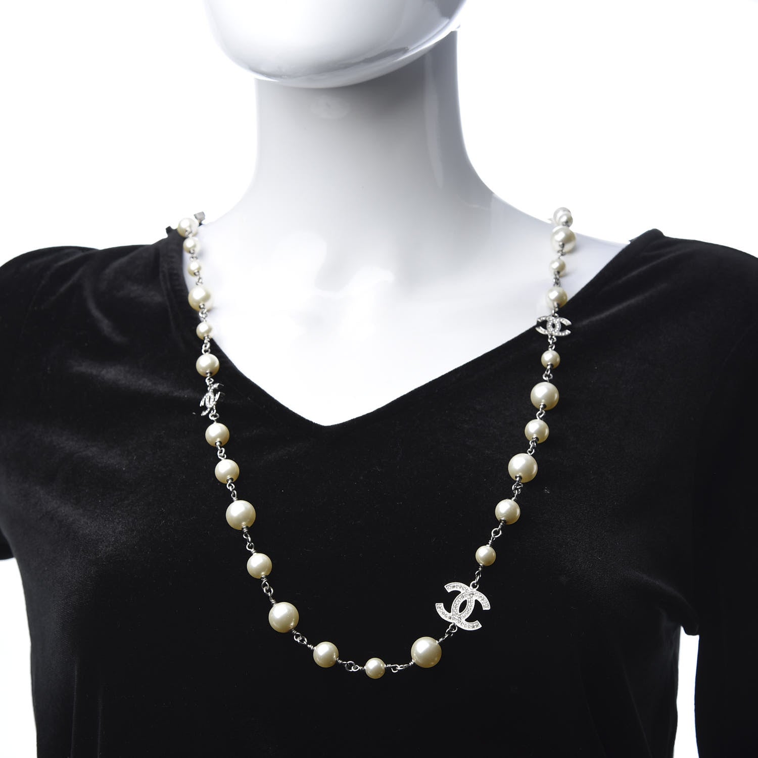 Chanel Graduated Pearl Crystal CC Long Necklace Silver 2 of 6