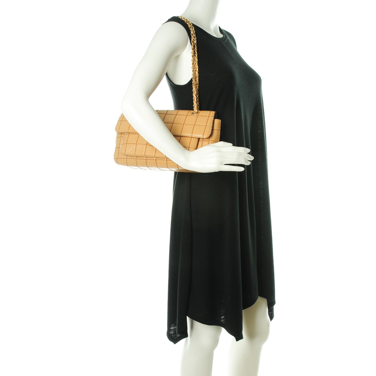 Lambskin Square Double Stitch Flap Beige