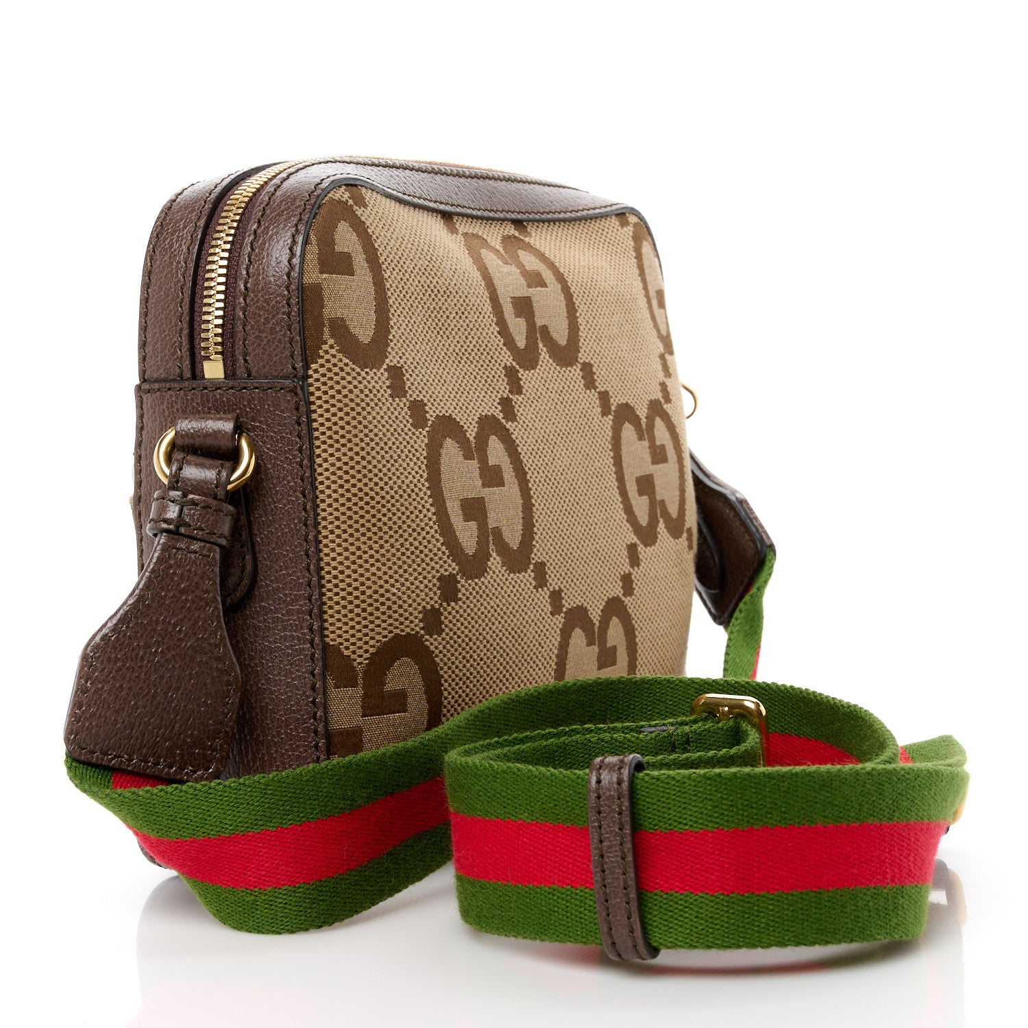 Gucci Monogram Jumbo GG Textured Dollar Calfskin Web Messenger Shoulder Bag Camel Ebony New Acero 3 of 10