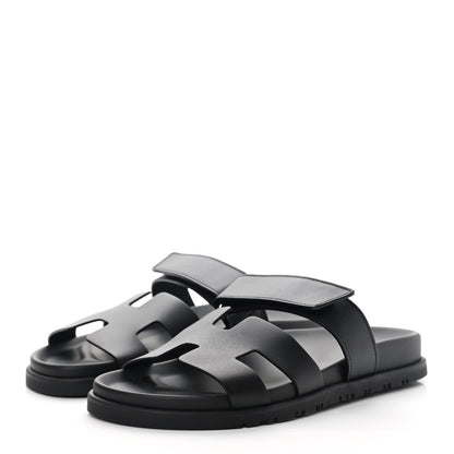 Hermes Calfskin Womens Chypre Sandals 37.5 Black 3 of 10
