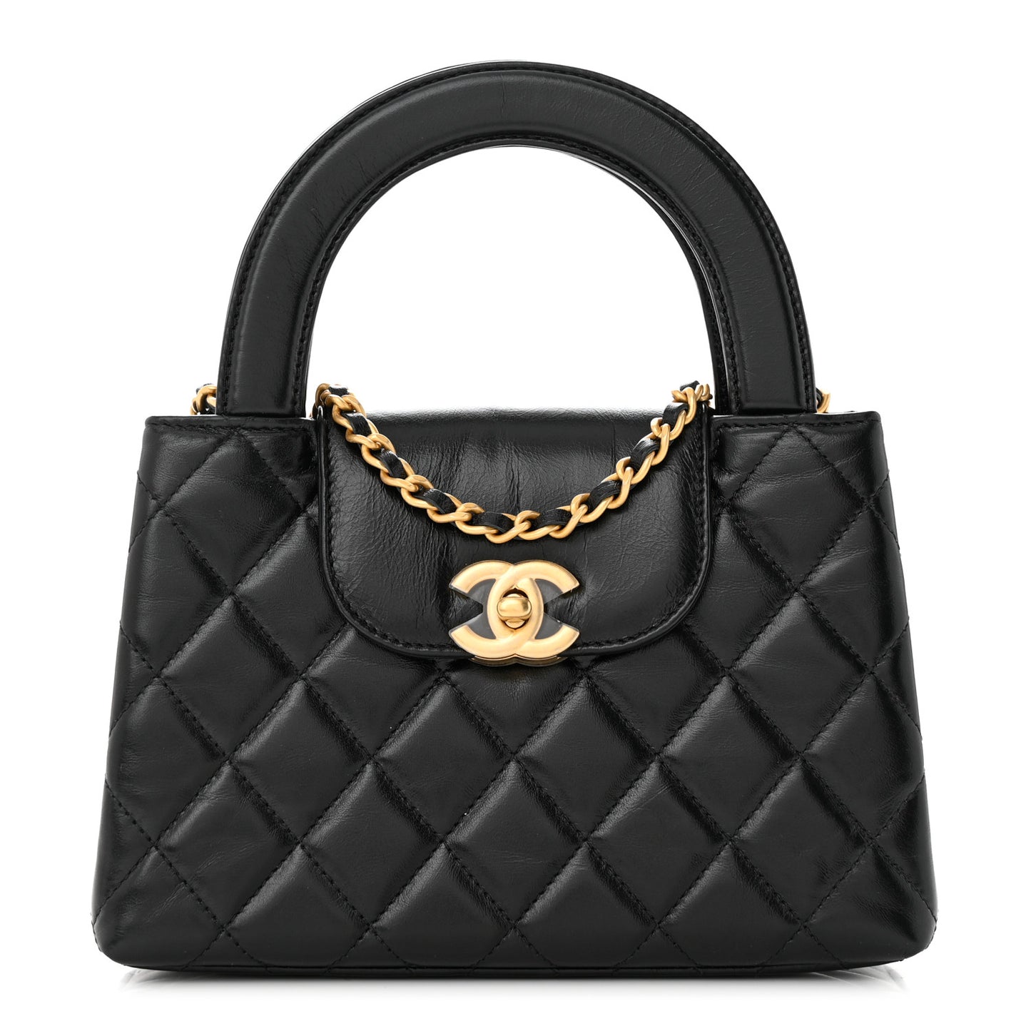 Shiny Aged Calfskin Quilted Nano Kelly Shopper Black