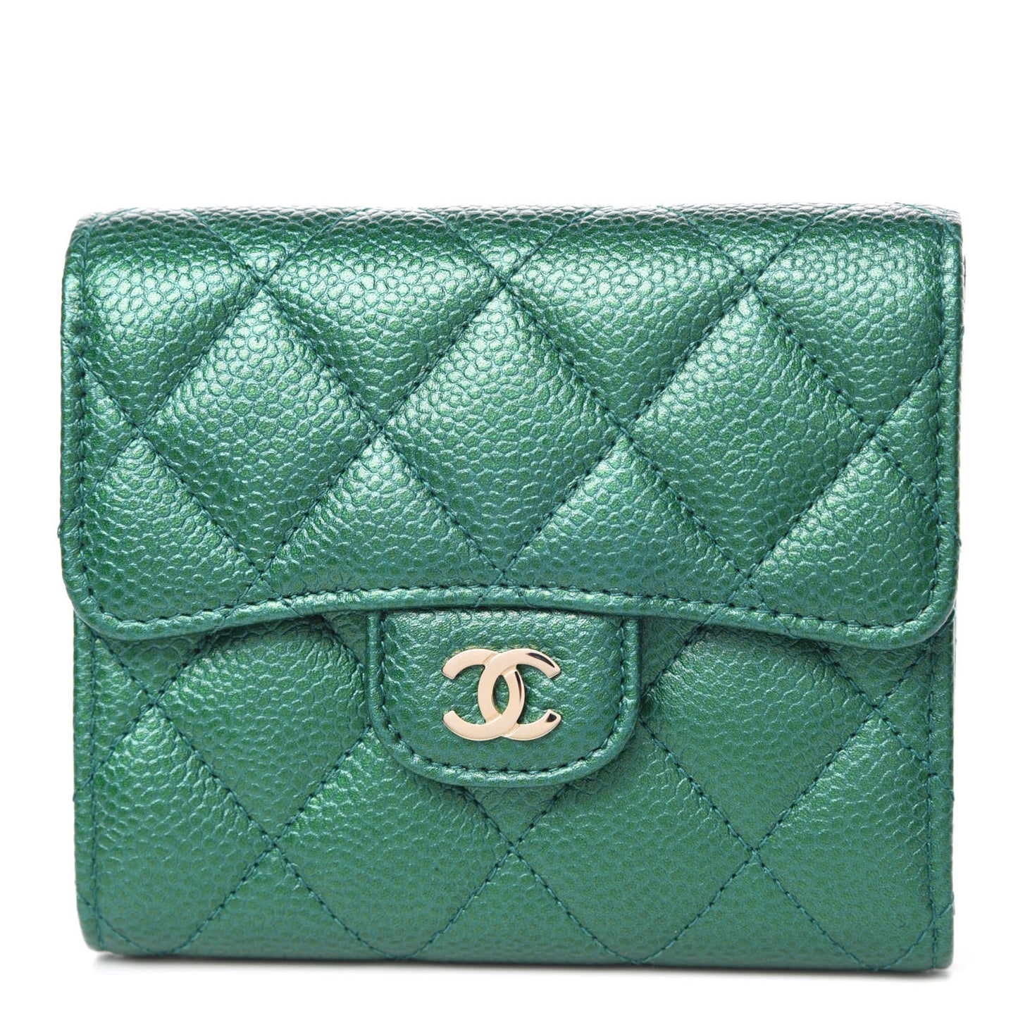 Metallic Caviar Quilted Compact Flap Wallet Green