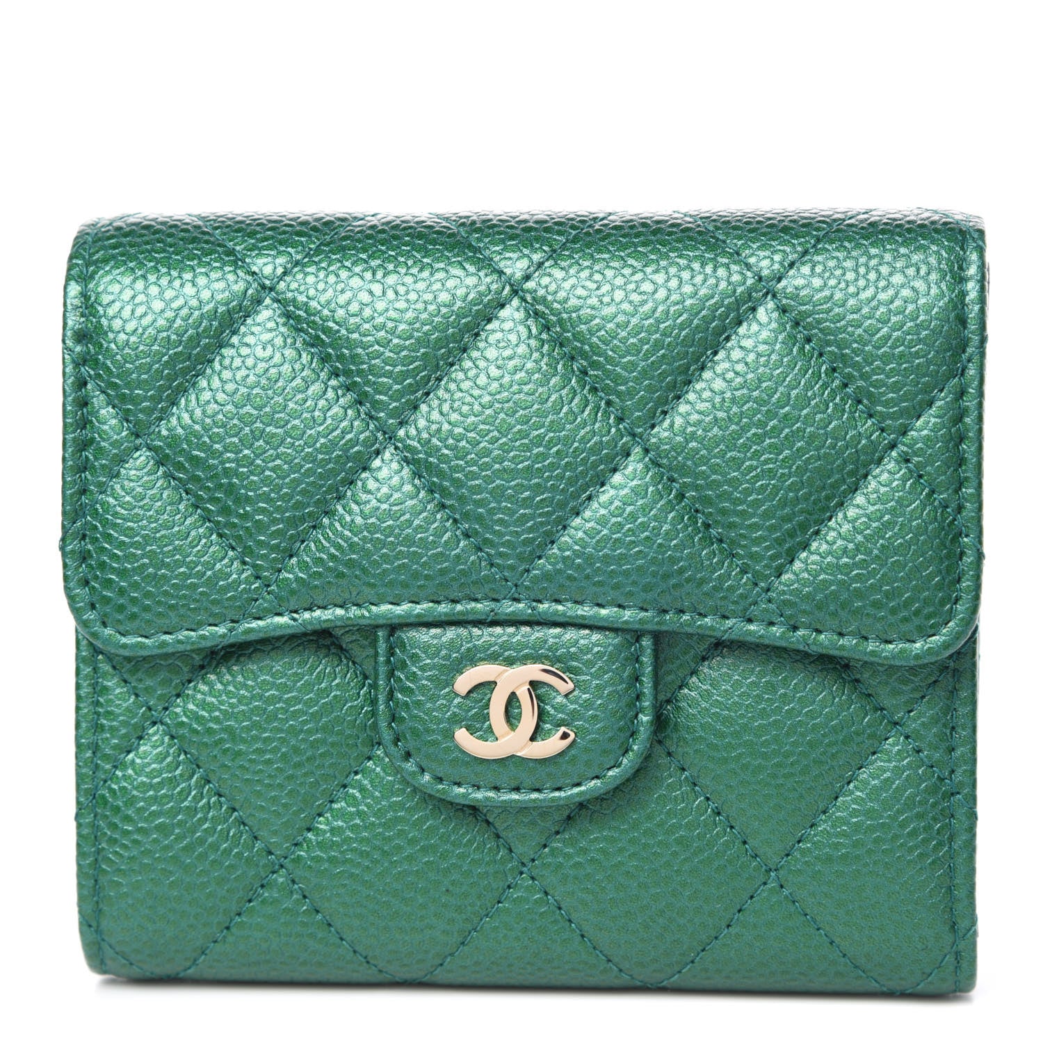 Chanel Metallic Caviar Quilted Compact Flap Wallet Green 1 of 9