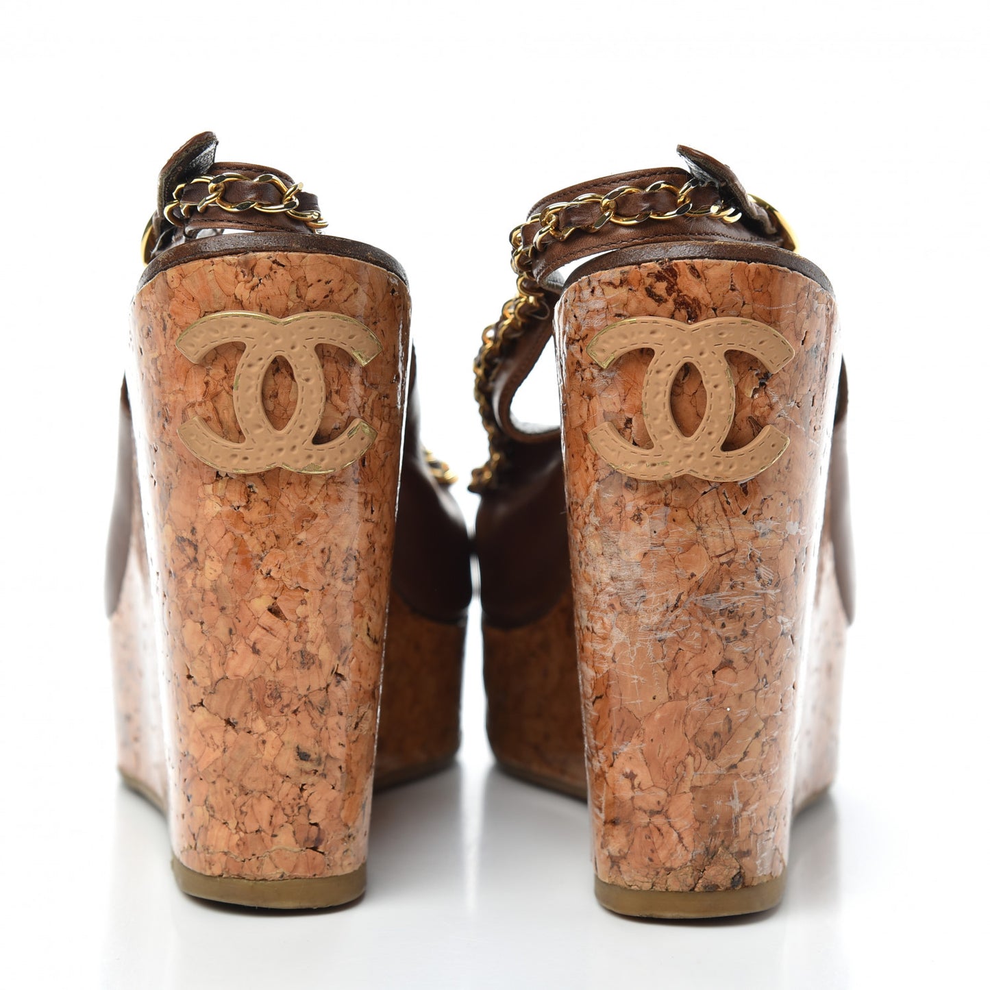 Lambskin Cork Chain CC Wedge Sandals 39 Brown