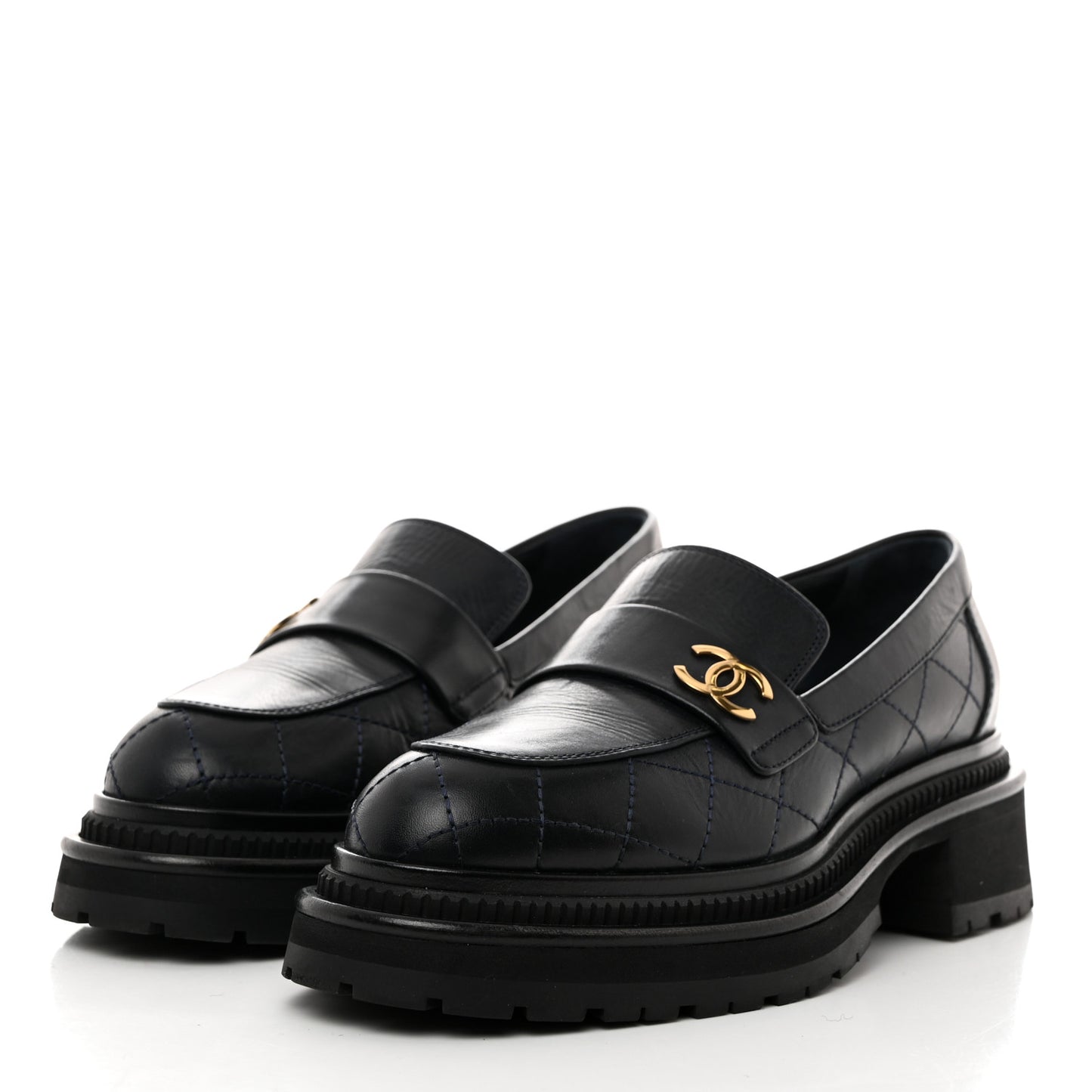 Calfskin Quilted CC Mocassin Loafers 37.5 Navy Blue