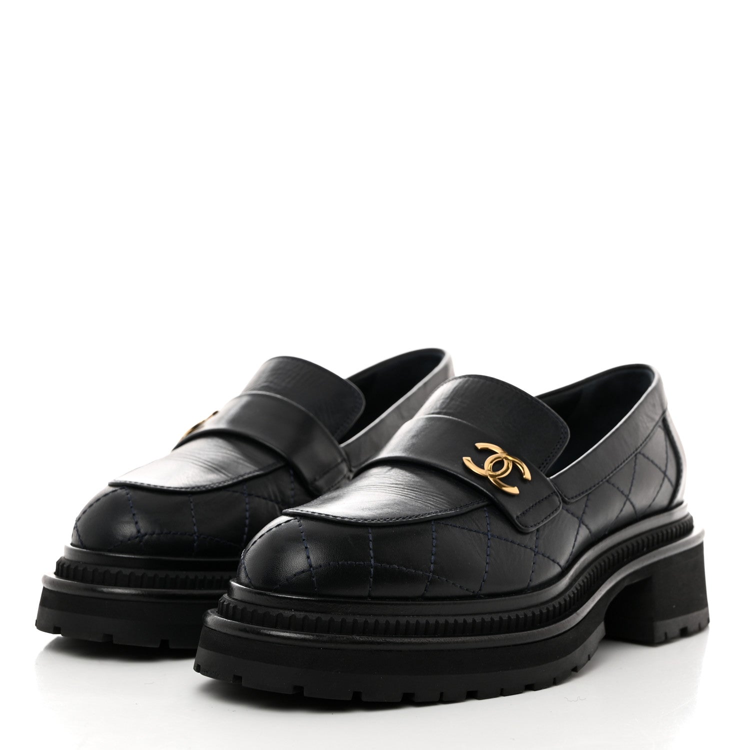 Chanel Calfskin Quilted CC Mocassin Loafers 37.5 Navy Blue 3 of 9