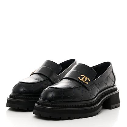 Chanel Calfskin Quilted CC Mocassin Loafers 37.5 Navy Blue 3 of 9