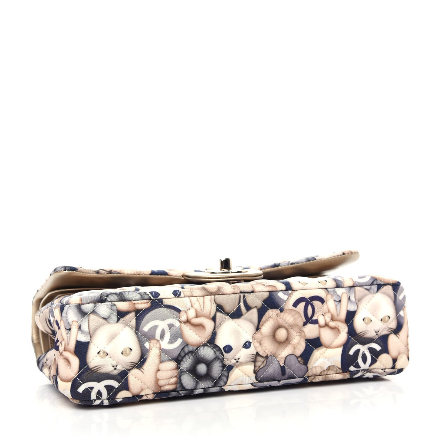 Nylon Quilted Medium Cat Emoticon Double Flap Navy Gold