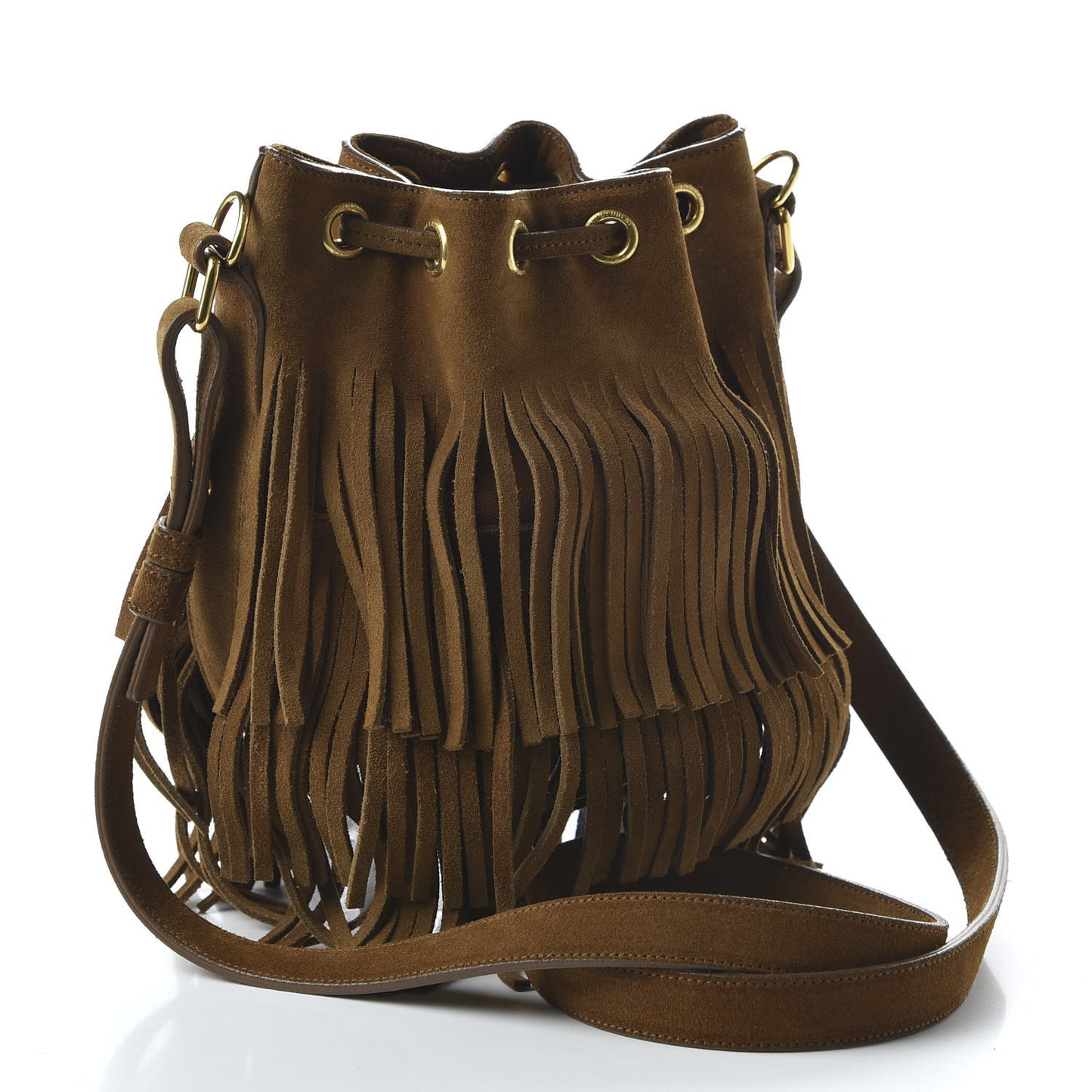 Suede Calfskin Small Emmanuelle Fringe Bucket Bag Light Ocre