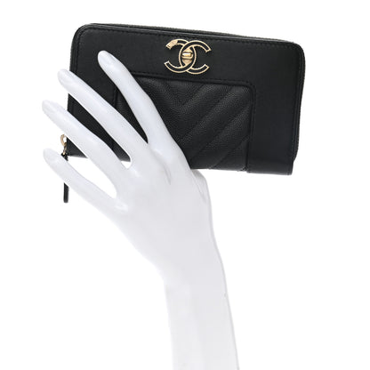 Chanel Caviar Sheepskin Chevron Quilted Medium Mademoiselle Vintage Zip Around Wallet Black 2 of 8