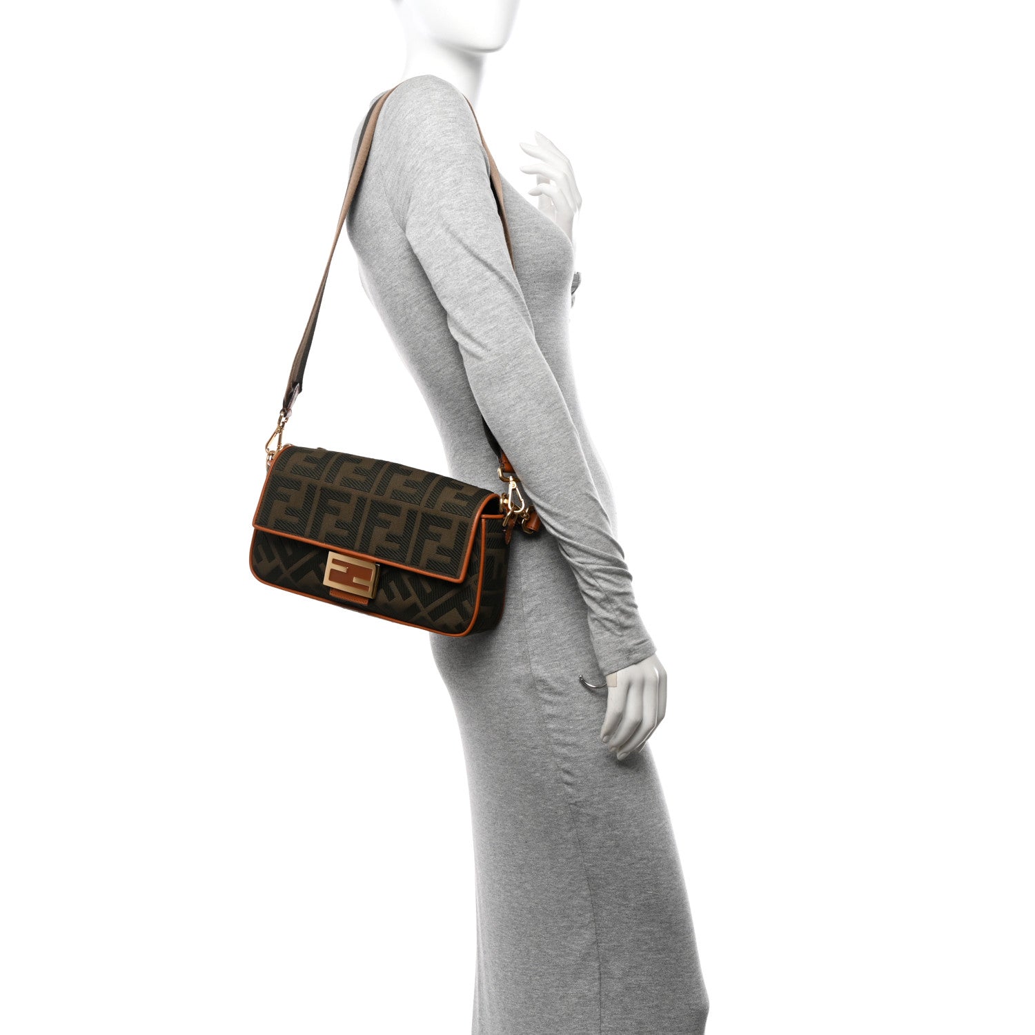 Fendi Canvas Vitello King FF Embroidered Baguette Amazzonia Cuoio 2 of 10