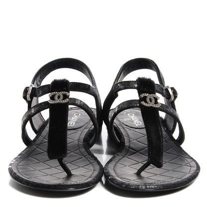 Chanel Calfskin Pony Hair CC Thong Sandals 37 Black Silver 2 of 7