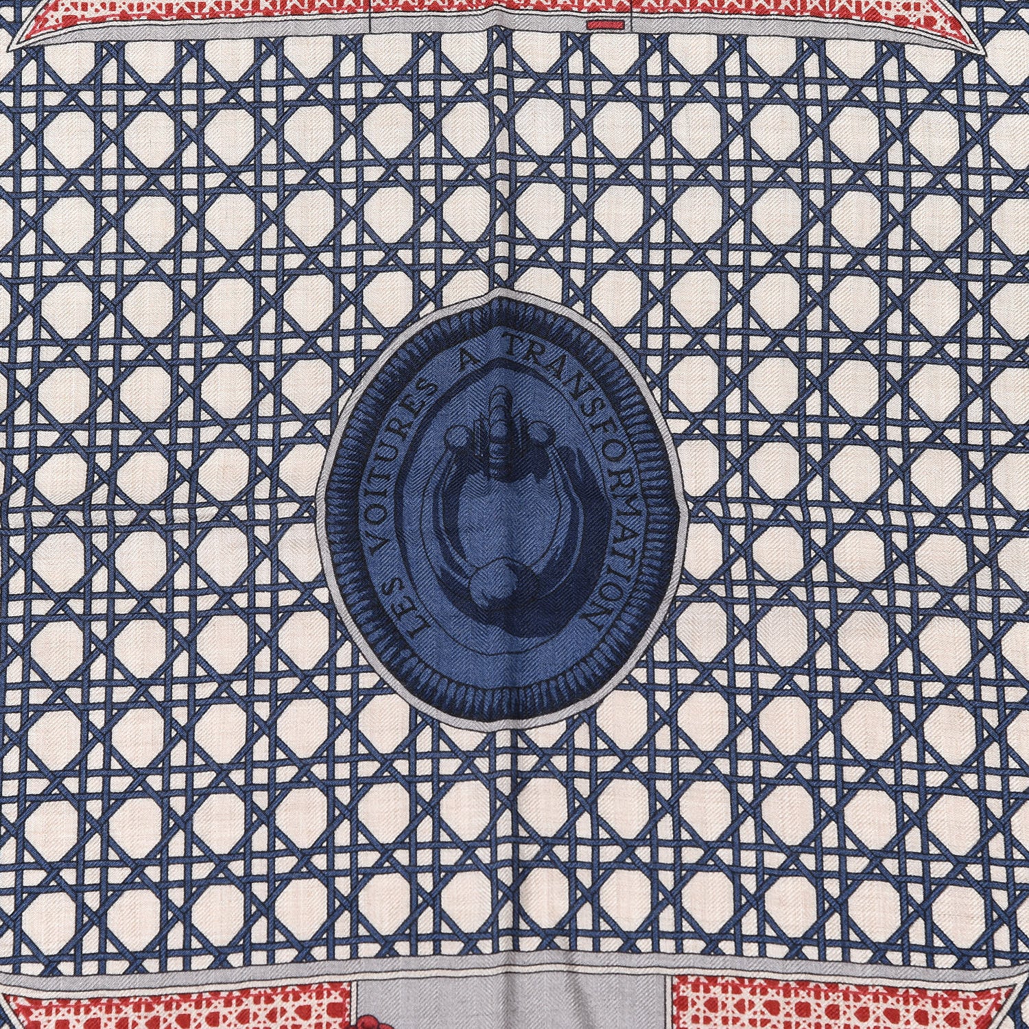 Hermes Cashmere Silk Les Voitures A Transformation Shawl 140 Naturel Rouge H Bleu 4 of 7