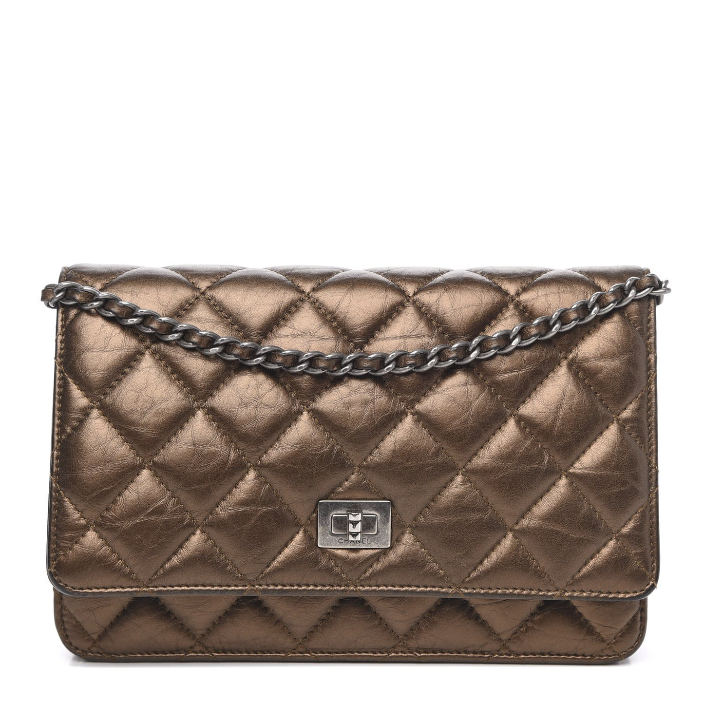 Metallic Aged Calfskin Quilted Reissue Wallet On Chain WOC Bronze
