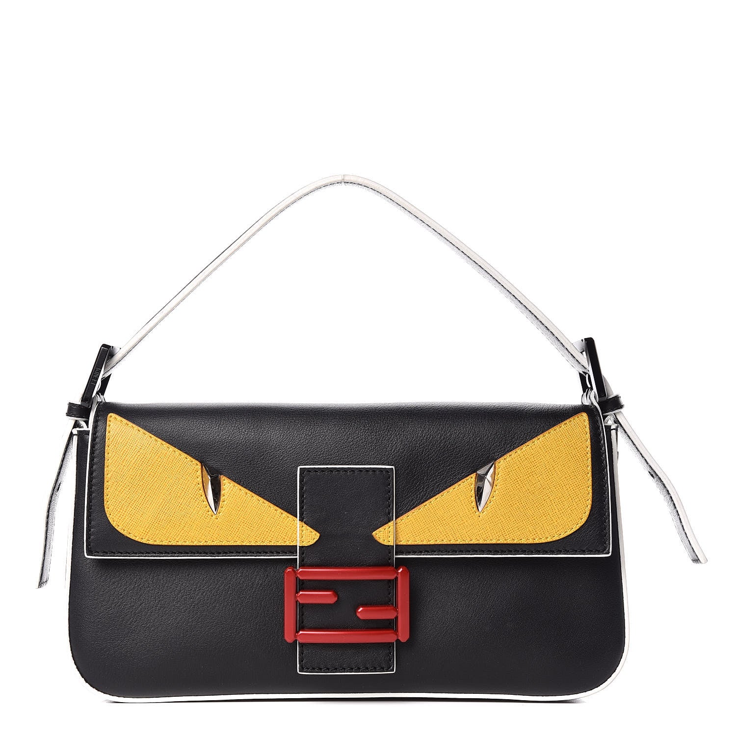 Fendi Vitello Dolce Elite Monster Eyes Bi-Color Baguette Black Yellow 1 of 8