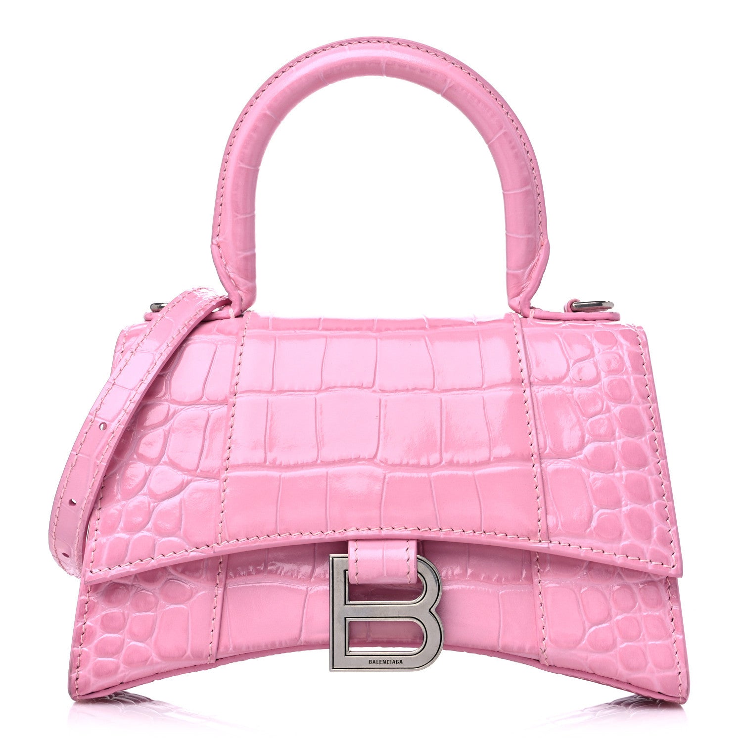 Balenciaga Shiny Calfskin Crocodile Embossed Hourglass Top Handle Bag XS Pink 1 of 9