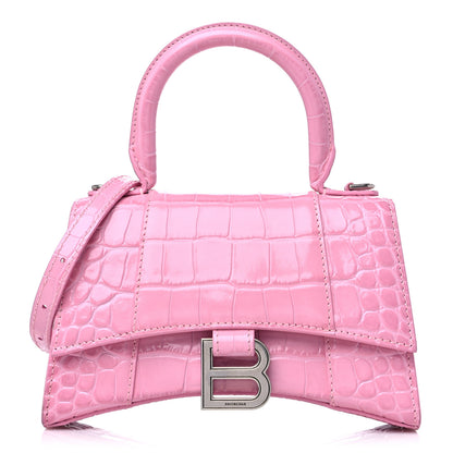 Balenciaga Shiny Calfskin Crocodile Embossed Hourglass Top Handle Bag XS Pink 1 of 9