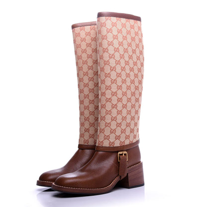 Gucci GG Monogram Calfskin Lola Tall Boots 38.5 Beige Ruggine Cuir 3 of 9