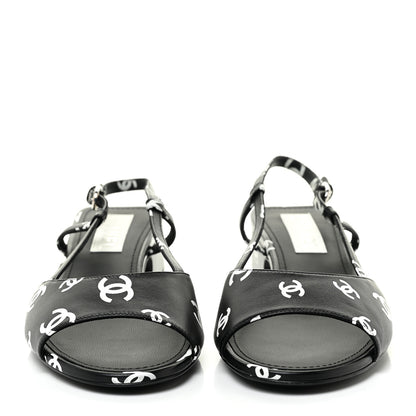Chanel Printed Lambskin CC Slingback Sandals 40 Black White 2 of 12