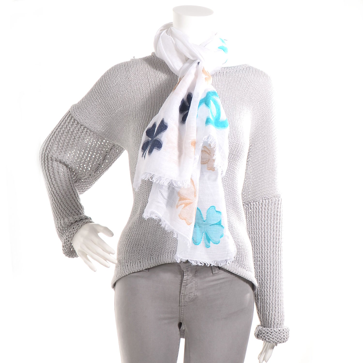 Chanel Linen Cotton Wool CC Clover Scarf White 2 of 5