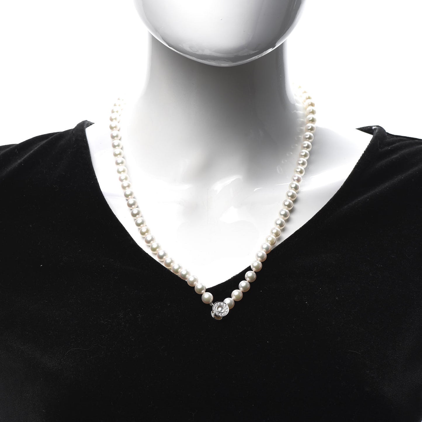 18K White Gold Diamond Akoya Pearl 7-7.5mm Lariat Strand Necklace