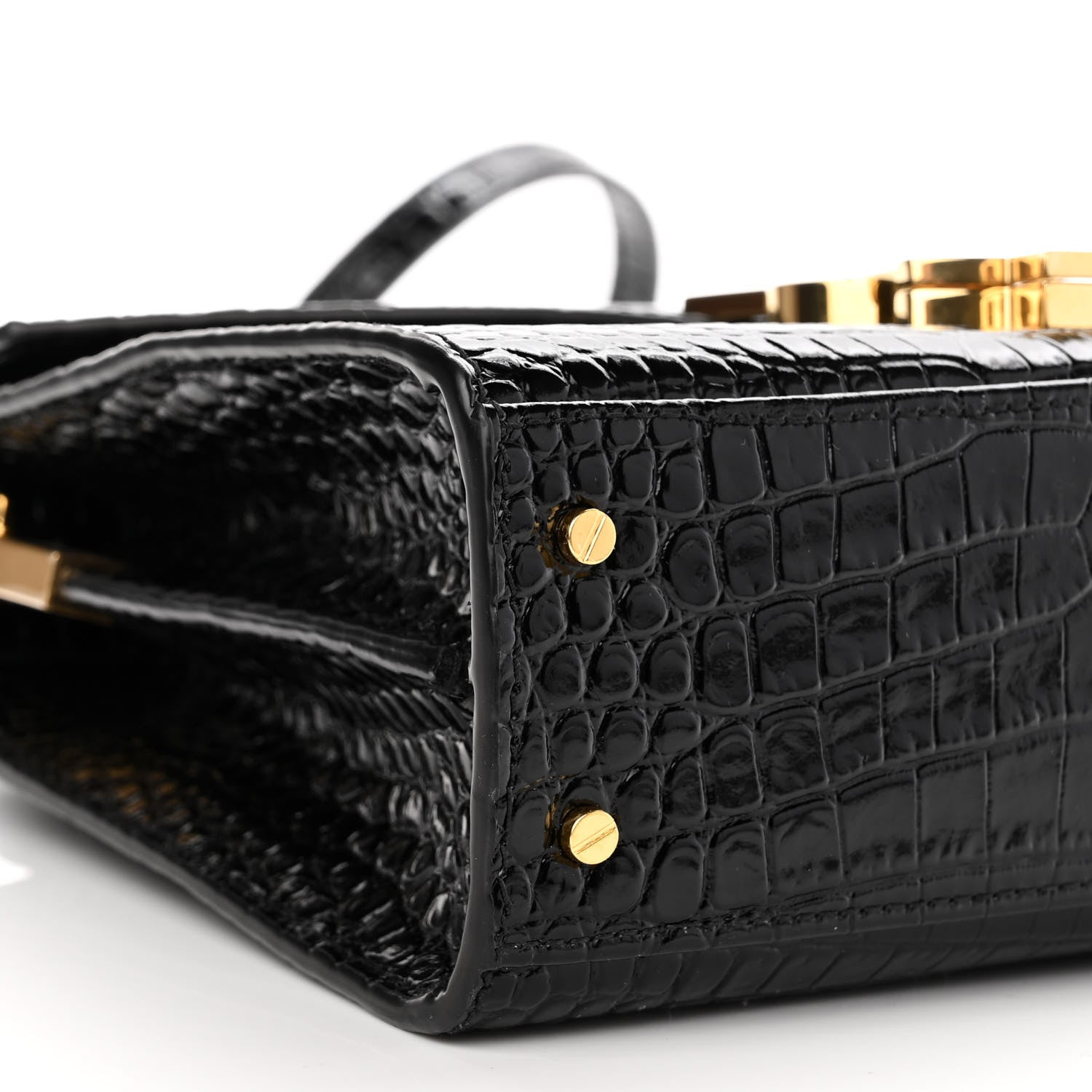 Saint Laurent Calfskin Crocodile Embossed Mini Classic Monogram Cassandra Top Handle Black 9 of 12