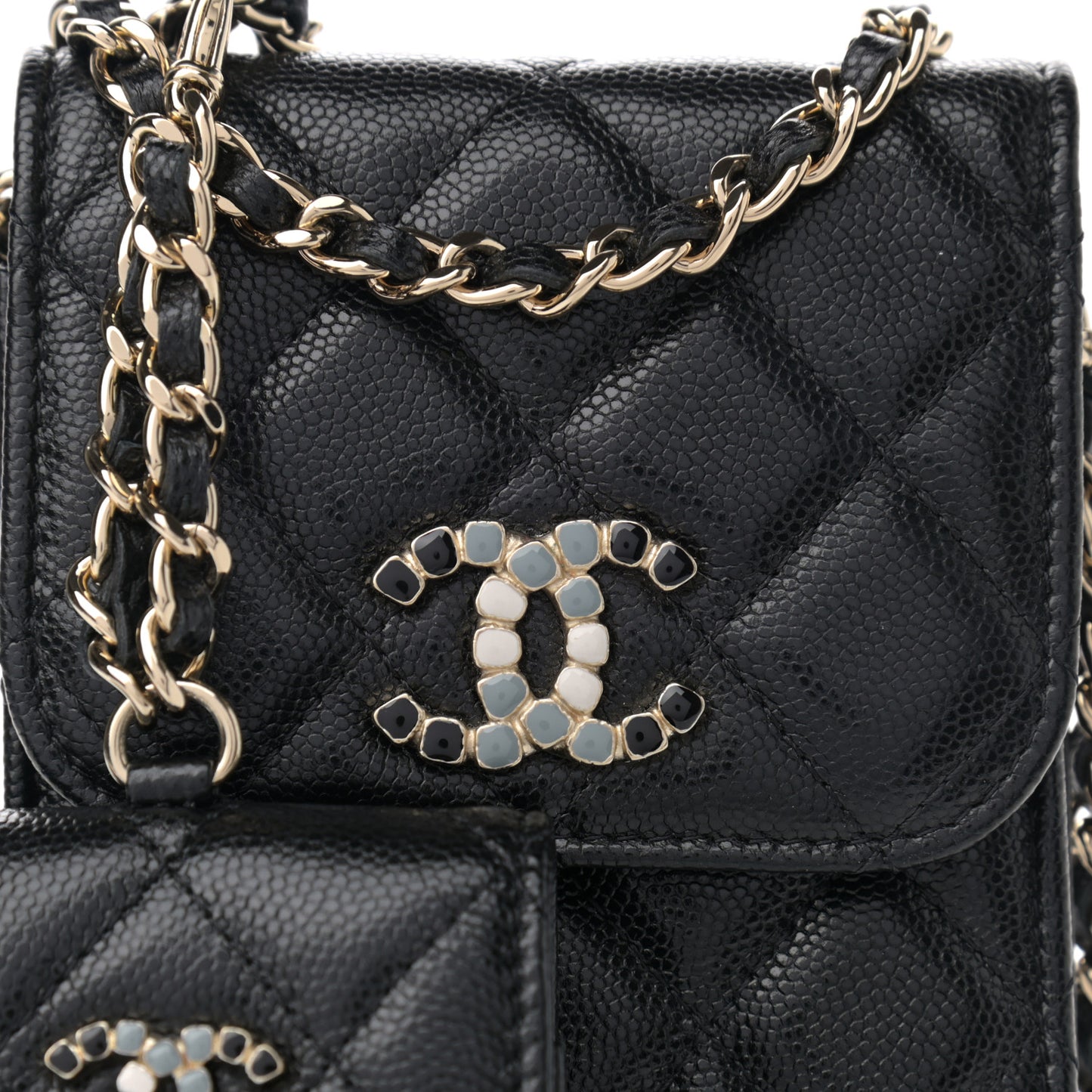 Caviar Quilted Crystal CC Airpods Pro and Phone Case With Chain Black