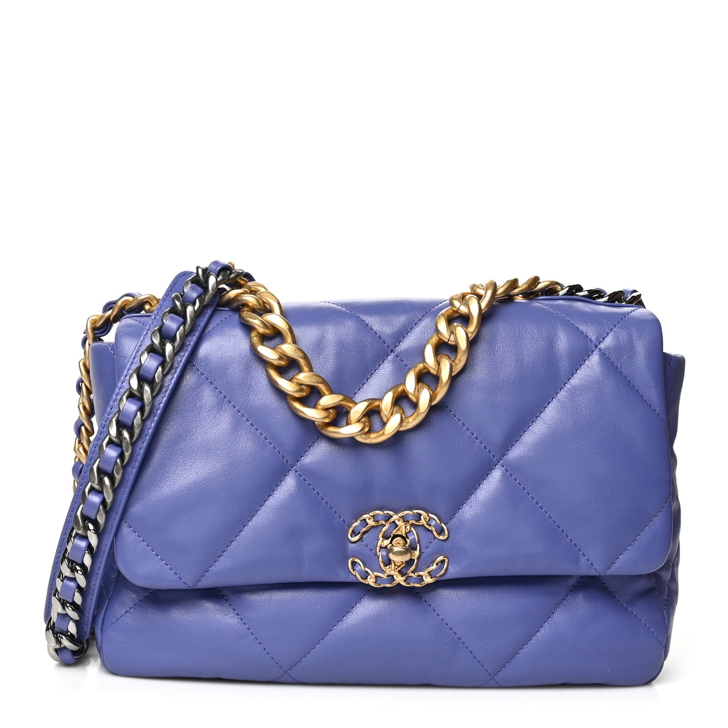 Shiny Goatskin Quilted Large Chanel 19 Flap Blue