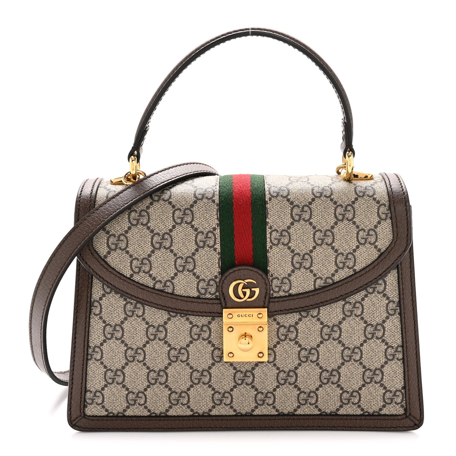 Gucci GG Supreme Monogram Textured Dollar Calfskin Web Small Ophidia Padlock Top Handle Bag Beige Ebony New Acero 1 of 10
