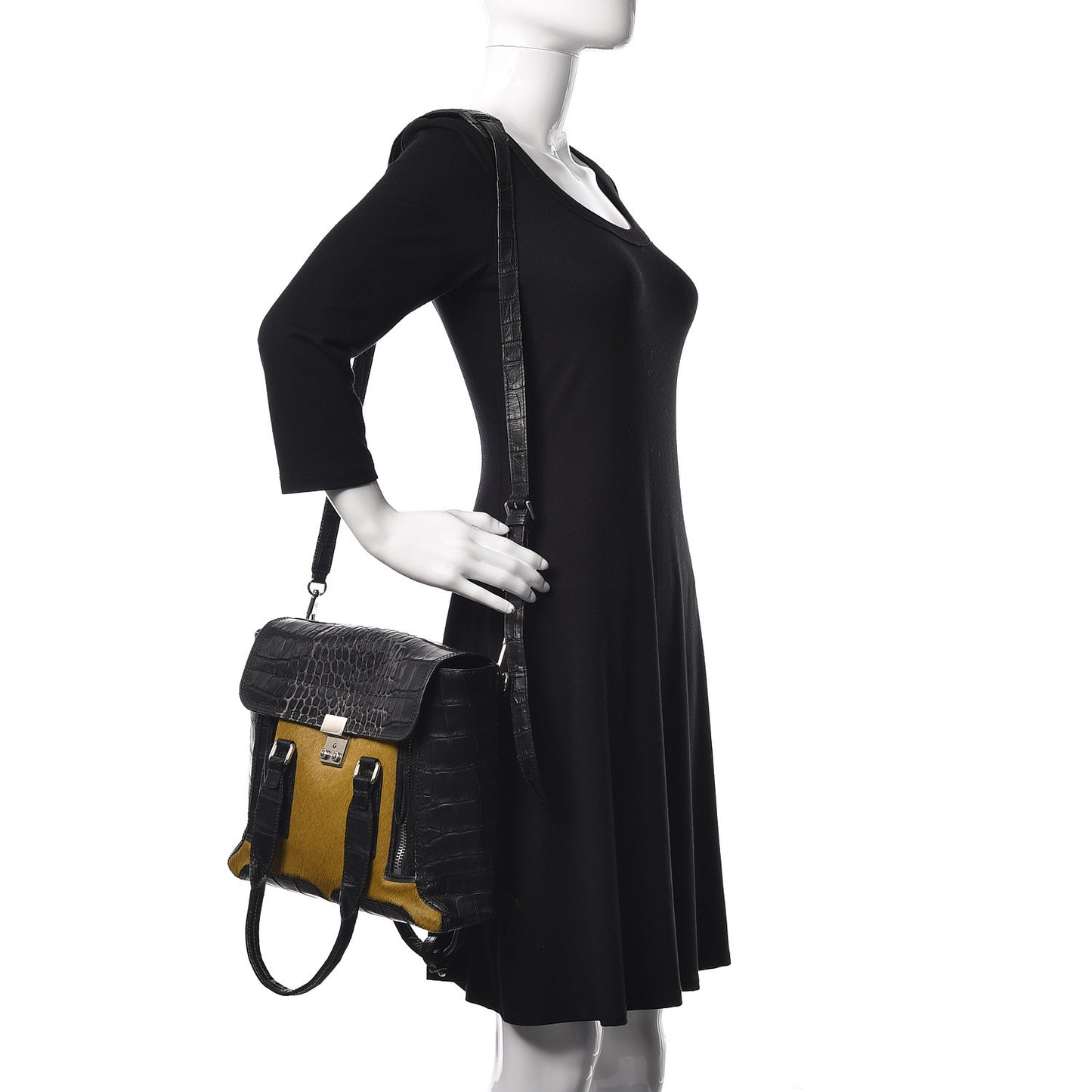 3.1 Calf Hair Calfskin Crocodile Embossed Medium Pashli Satchel Antique Grey Olive