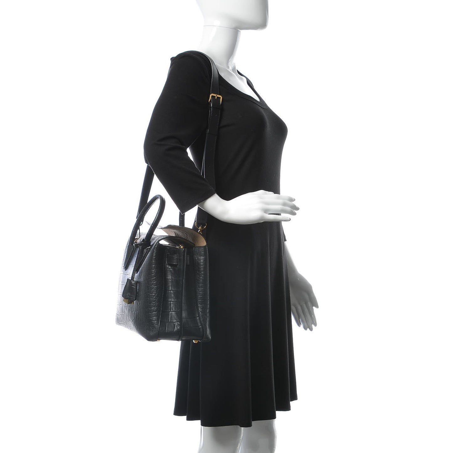 Calfskin Crocodile Embossed Medium Milla Tote Black