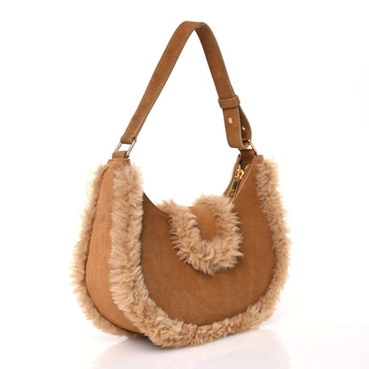 Celine Suede Calfskin Shearling Medium Strap Ava Triomphe Shoulder Bag Tobacco 3 of 14